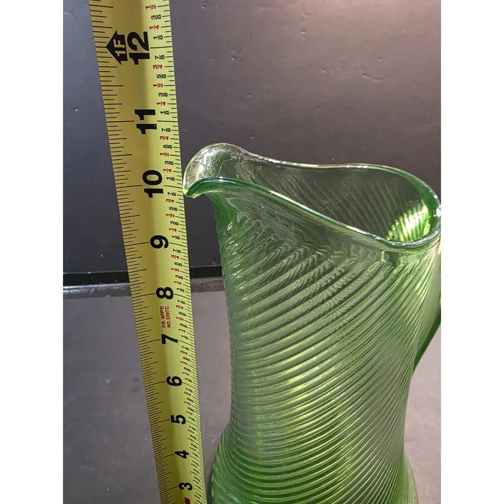 Antique Vintage Green Uranium Glass Pitcher – Diagonal Spiral Swirl Optic Ribbed